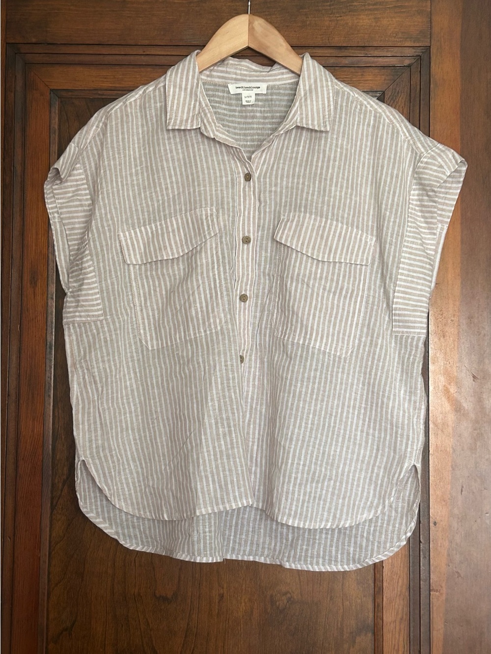 beachlunchlounge Beige and White Striped Short-Sleeve Button-Down Shirt